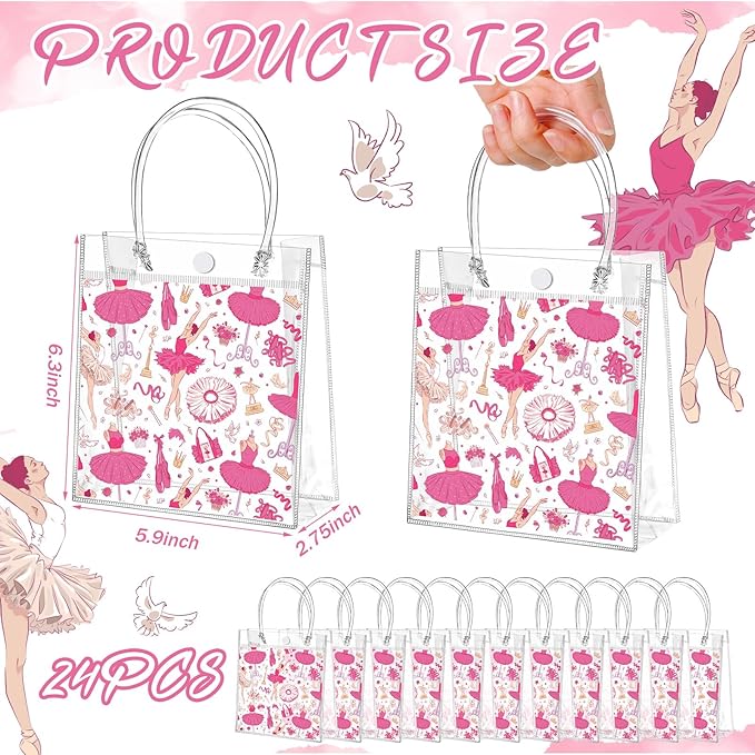 Tioncy 24 Pcs Dance Gift Bags Bulk Dance Bag Ballerina Party Favors Ballerina Party Supplies with Handles Clear PVC Candy Goodie Snack Ballet Birthday Boxes