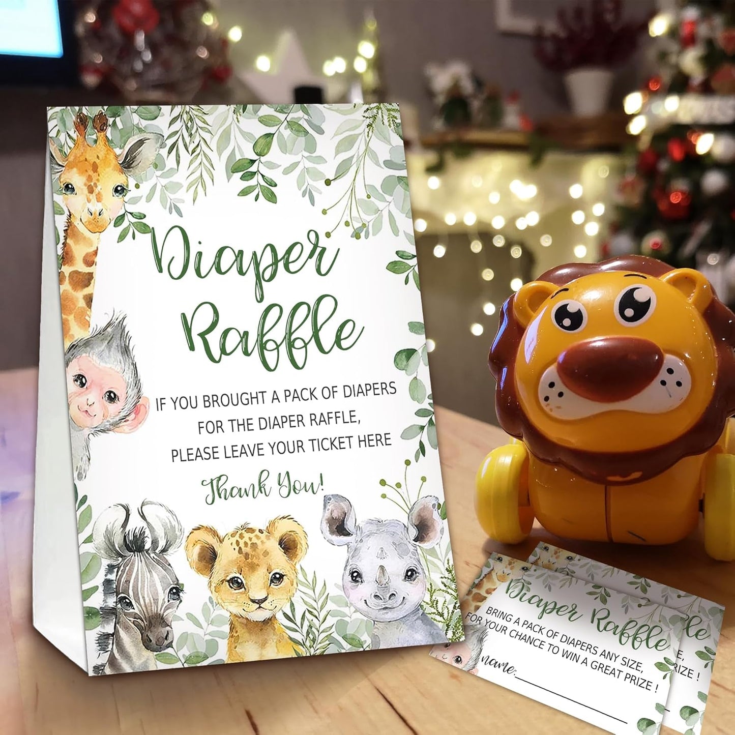 Jungle Animals Diaper Raffle Tickets for Baby Shower Game, 1 Standing Sign(5 * 7 Inch) & 50 Guessing Cards for Baby Shower Party Decoration