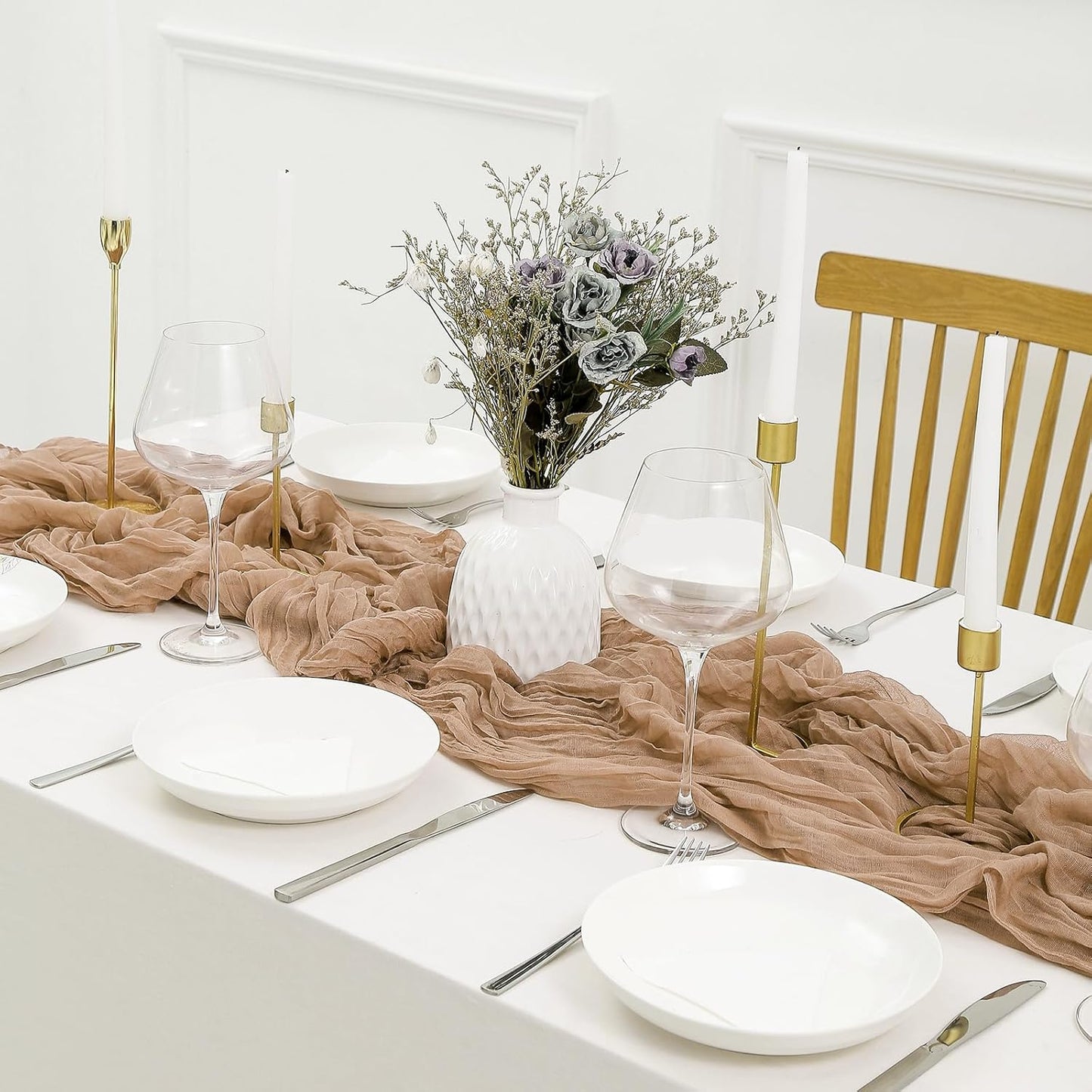 DOLOPL Brown Cheesecloth Table Runner 13.3ft Boho Gauze Cheese Cloth Table Runner Rustic Sheer Runner 160inch Long for Wedding Bridal Baby Shower Birthday Party Cake Table Decorations