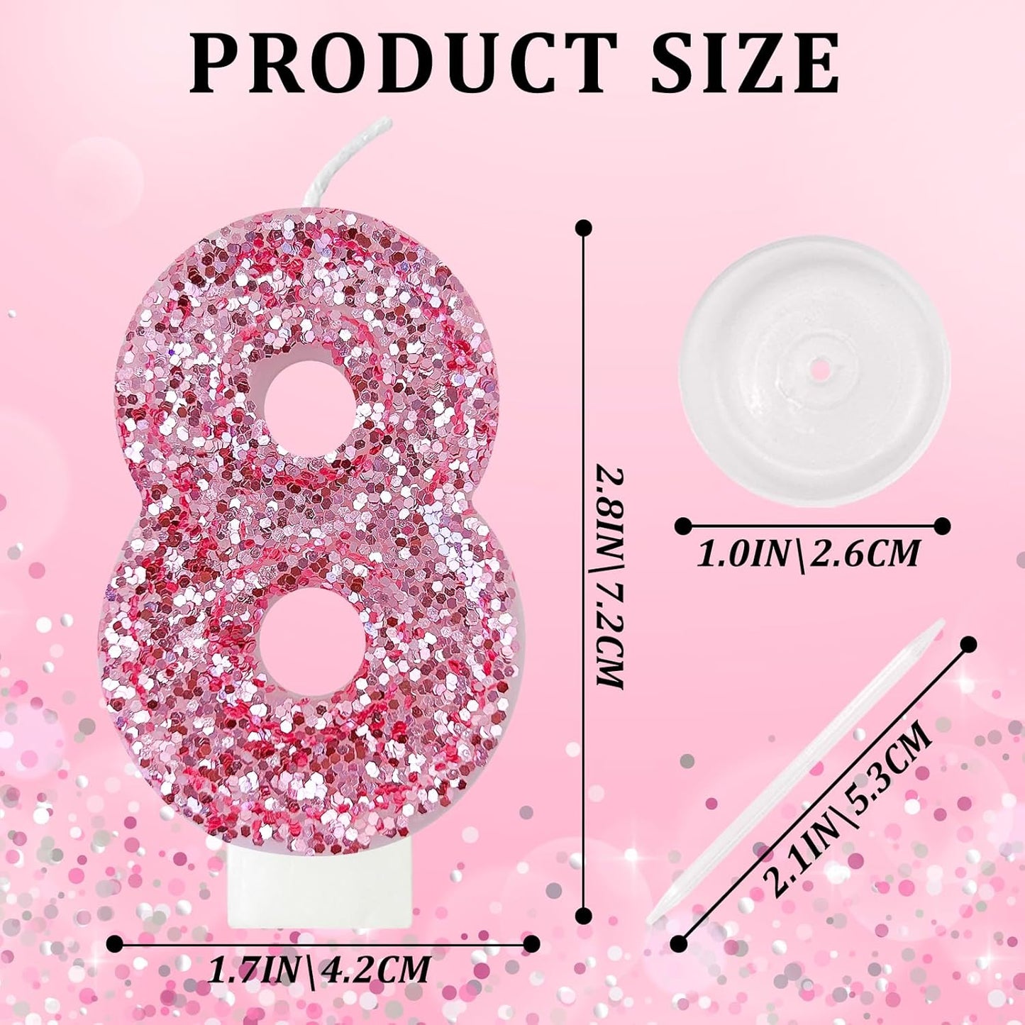 Birthday Number Candles, Glitter Number Candle Cake Decorations with Sequins, Cupcake Decorations for Girls, Women, Party Anniversary Celebrations (Number 8, Pink)