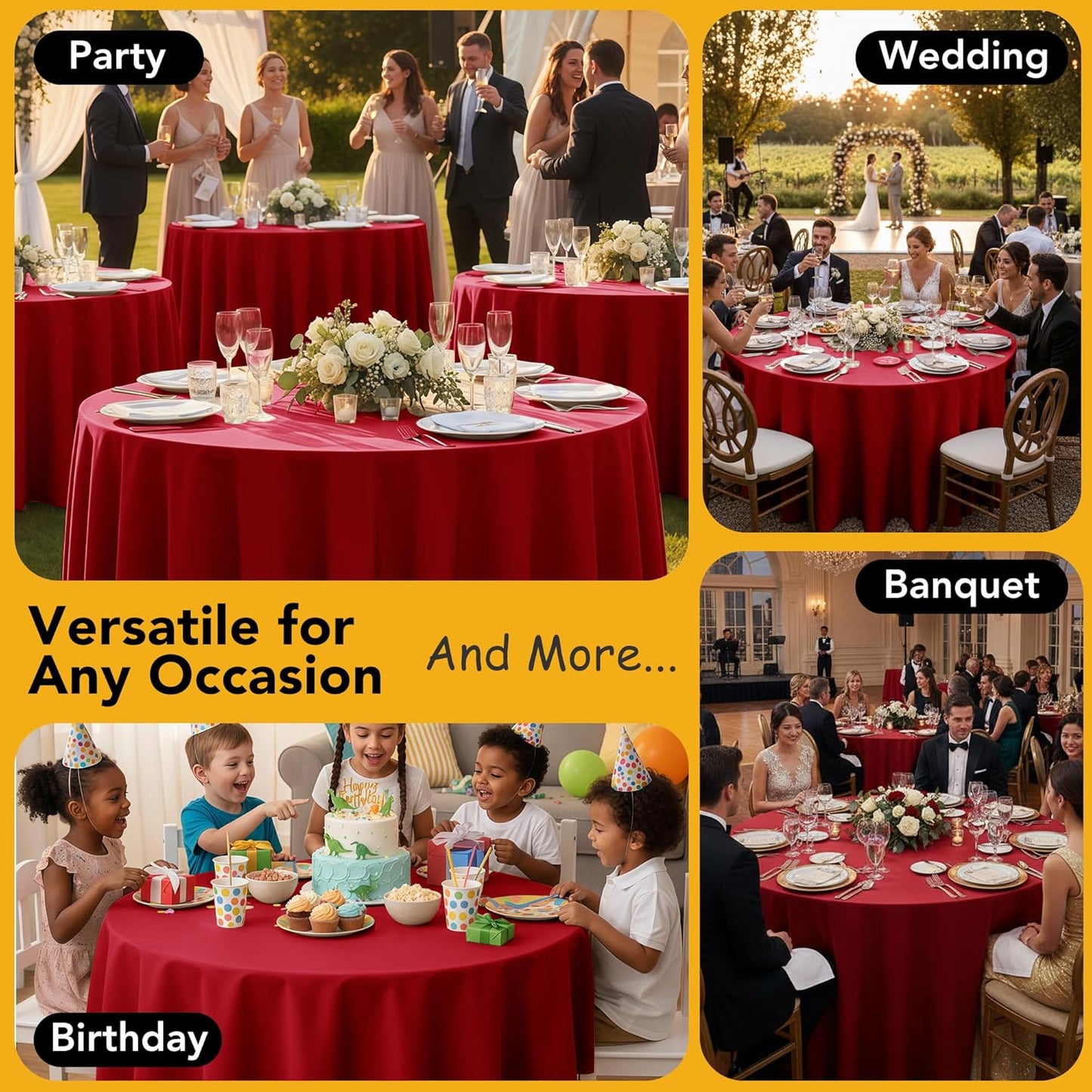 10-Pack Red Round Tablecloths, 108 Inches, Stain-Resistant Polyester for 4-5 Ft Round Tables - Washable Table Covers for Weddings, Banquets, Birthday Parties, Events