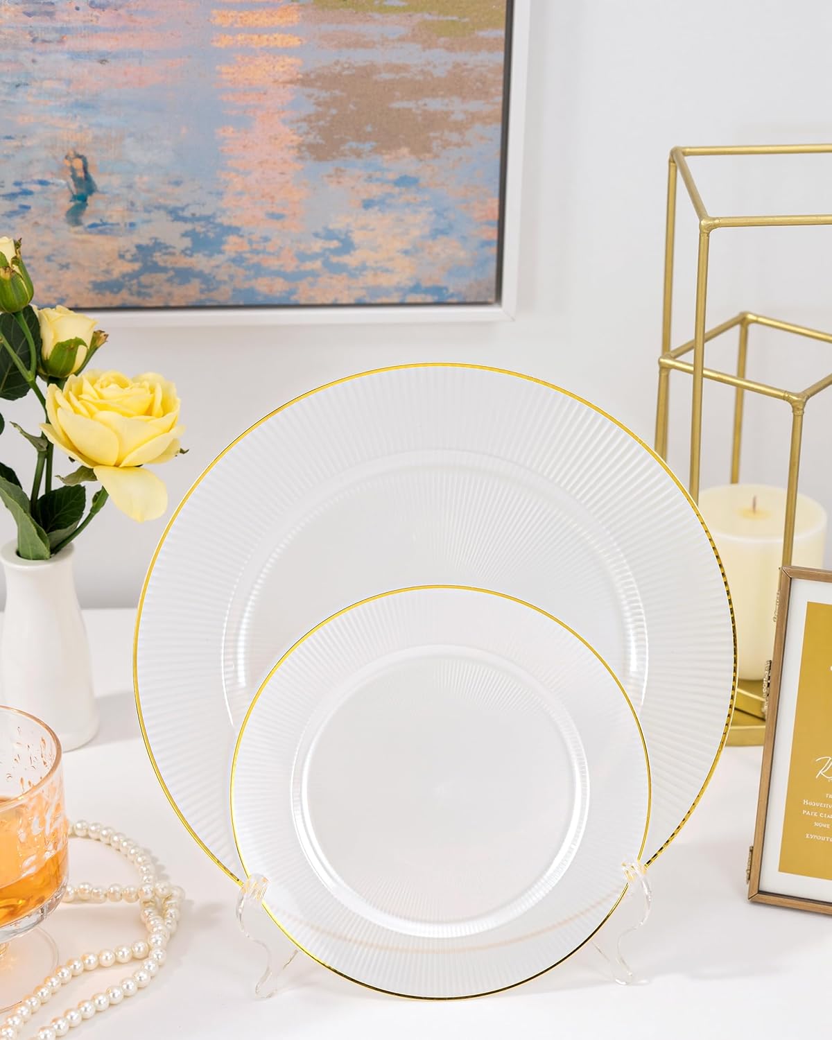 Hioasis 60pcs White and Gold Plastic Plates - White Disposable Dinnerware Set, 30pcs Dinner 10.25in & 30pcs Dessert 7.5in Plates with Striped Designs for Party & Thanksgiving