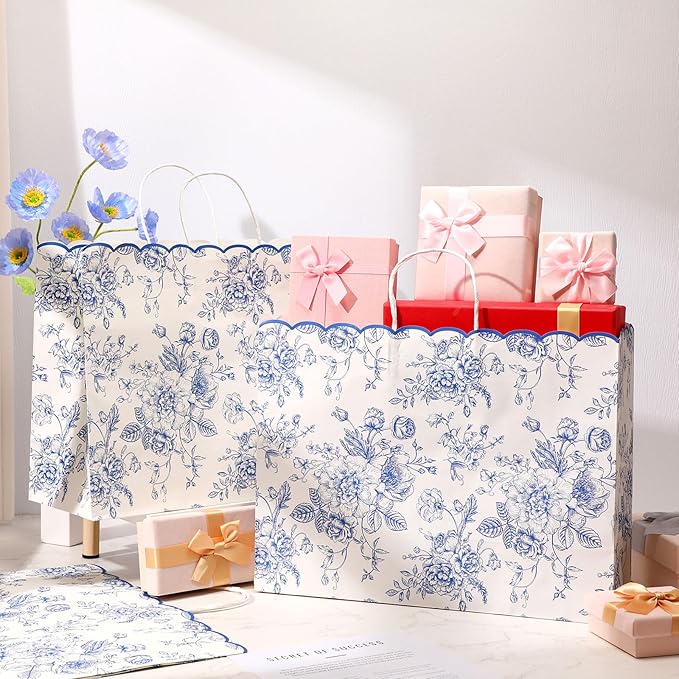 Kolldenn 24 Pcs Blue Floral Party Favor Bags with Handles 16 x 6 X12inch Extra Large Scalloped Wildflower Goodie Candy Gift Treat Bags for Birthday Decoration for Bridal Baby Shower Party Supplie