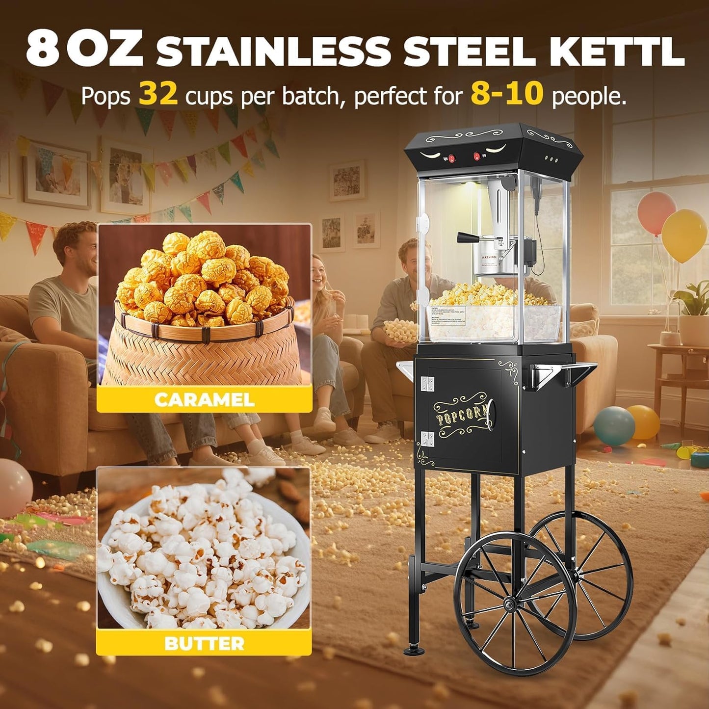 8 oz Popcorn Machine Cart, Popcorn Maker Machine with Stainless-Steel Kettle Makes Up to 32 Cups, Movie Theater Style Pop Corn Machine with Heated Warming Deck, 2025 Upgraded, Black