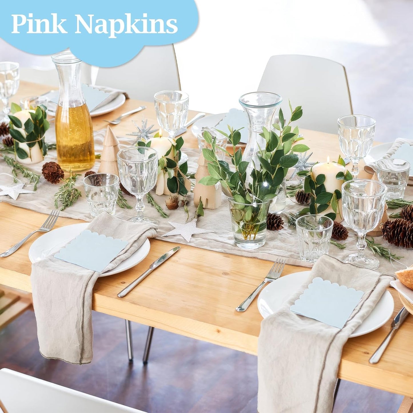 100 Pcs Cocktail Napkins, 2-Ply 5 x 5 Inches Disposable Scalloped Napkins, Thick Premium Dessert Napkins for Party, Wedding, Dinner, Birthday, Anniversary, Festival (Light Blue)