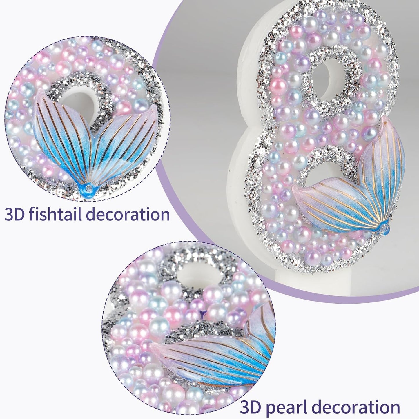 Girls Glitter MermaidTail 4th Birthday Candles,Pink Pearl MermaidTail Cake Toppers & Decor