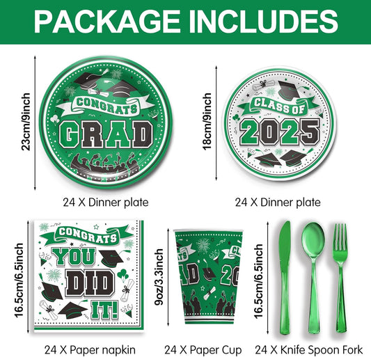 Graduation Decorations Class of 2025 - Graduation Party Supplies 2025 Include Plates, Cups, Napkins, Cutlery, 24 Guests (Green)