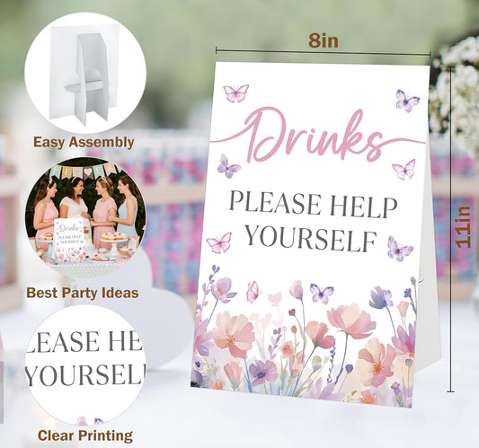 Butterfly Baby Shower Tabletop Sign, Drinks Please Help Yourself, Include One 8×11 Sign with holder, Purple Butterfly Gender Reveal Party Decoration Supplies - FL31