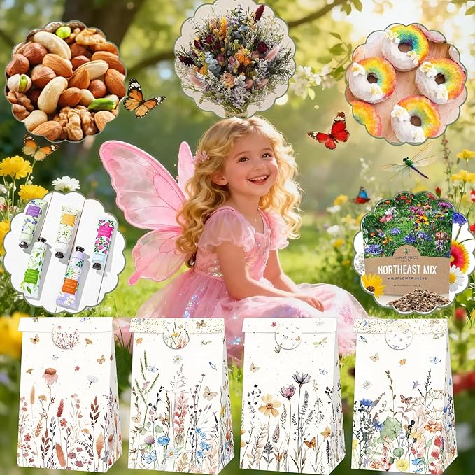 Inshinern Wildflower Party Favor Gift Bags Small Spring Floral Party Bags with Sticker Boho Theme Candy Goodie Bag for One Birthday Baby Shower Woodland Picnic Garden Tea Party Supplies (12Pcs)