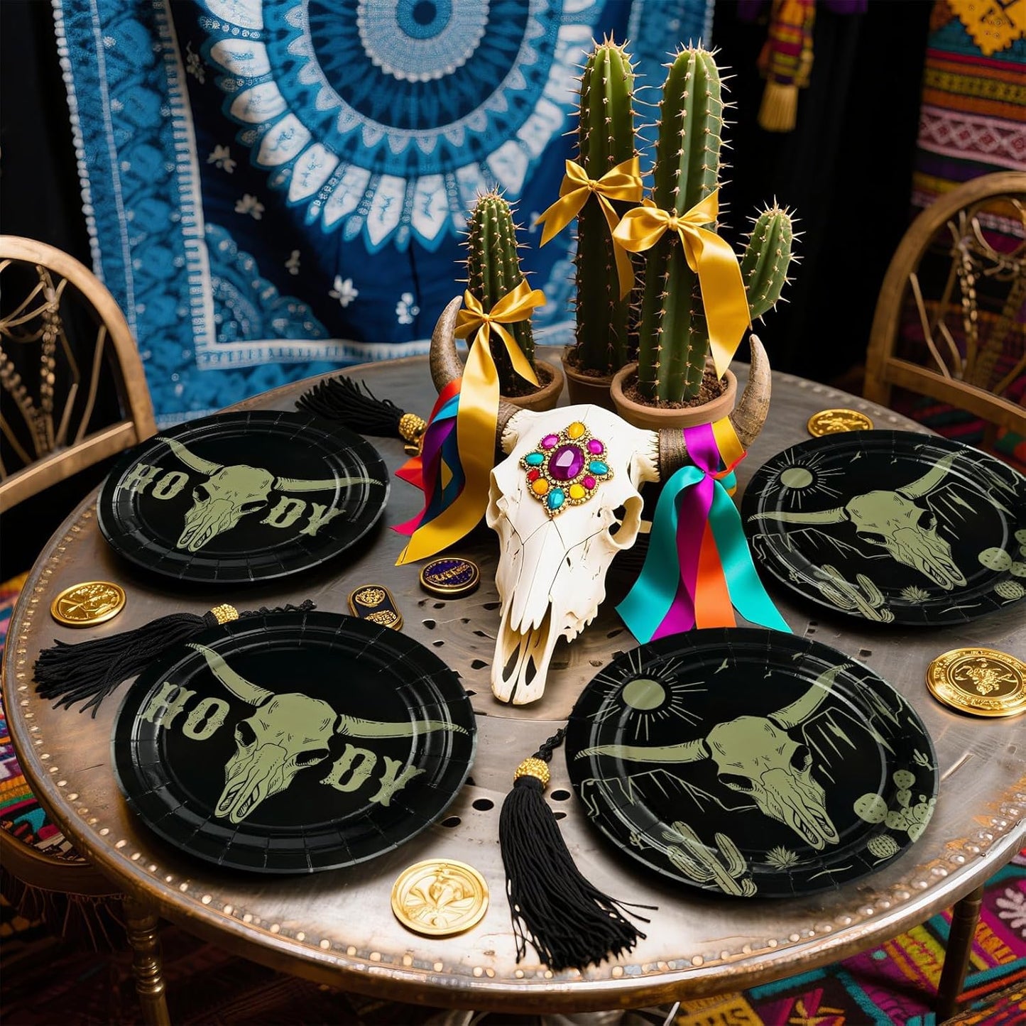 Grencian 50Pcs Cow Skull Decorations 9in Heavy Duty Disposable Western HOWDY Cow Skull Desert Paper Plates For Southwestern Party Supplies