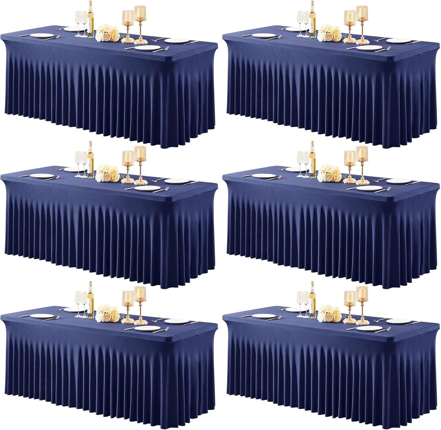 6 Packs Navy Blue Spandex Tableclothes for 8 Foot Rectangle Table, Spandex Table Covers 8FT Stretch Table Skirts Wrinkle Free Fitted Tablecover for Event, Wedding, Banquet & Parties