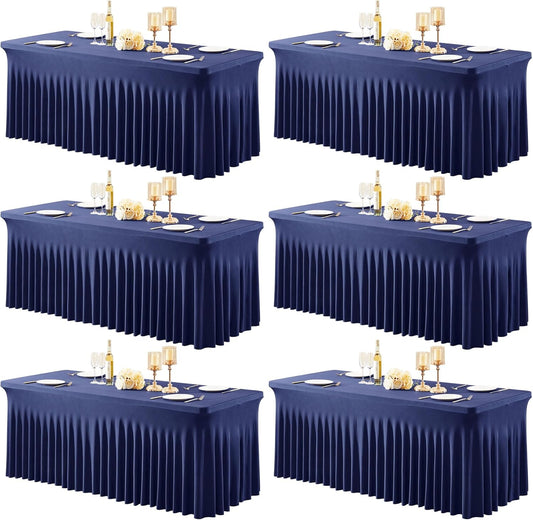6 Packs Navy Blue Spandex Tableclothes for 8 Foot Rectangle Table, Spandex Table Covers 8FT Stretch Table Skirts Wrinkle Free Fitted Tablecover for Event, Wedding, Banquet & Parties
