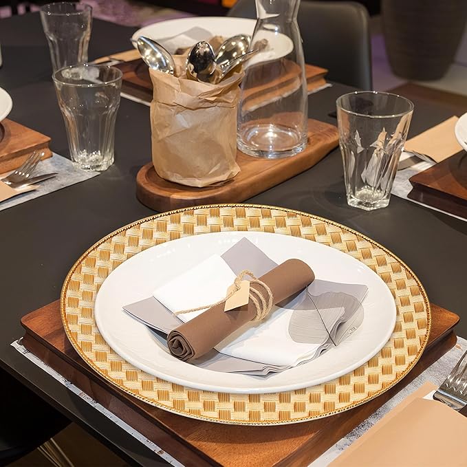 12 Pack Reusable Gold Charger Plates, 13 Inch Round Plastic Dinner Chargers, Decorative Centerpiece Plates for Home Decor, Thanksgiving, Christmas (Checkered Gold, 12 PCS)