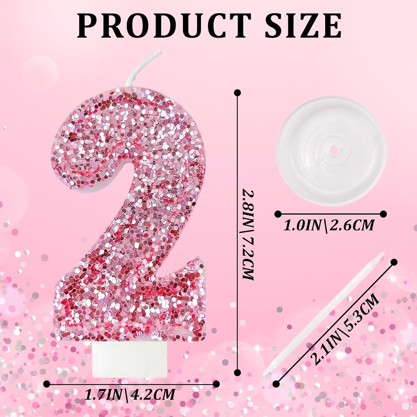 Birthday Number Candles, Glitter Number Candle Cake Decorations with Sequins, Cupcake Decorations for Girls, Women, Party Anniversary Celebrations (Number 2, Pink)