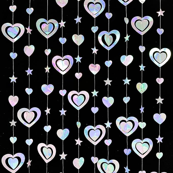 40Ft Iridescent 3D Heart Twinkle Star Garland Holographic Paper Streamer Banner for Birthday Mother's Day Anniversary Engagement Wedding Bridal Baby Shower Hen Valentines Day Party Decoration Supplies