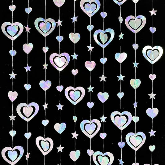 40Ft Iridescent 3D Heart Twinkle Star Garland Holographic Paper Streamer Banner for Birthday Mother's Day Anniversary Engagement Wedding Bridal Baby Shower Hen Valentines Day Party Decoration Supplies