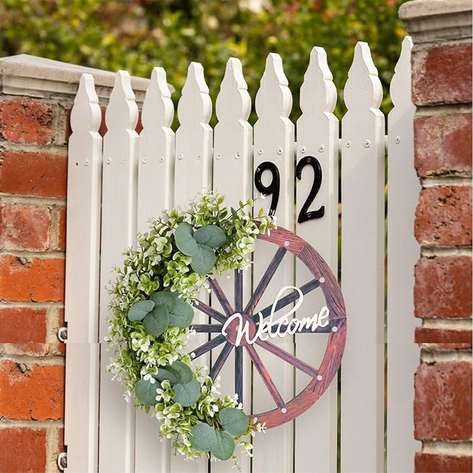 Eucalyptus Leaves Wreath,Wooden Wheel Wreath Artificial Wreath Wheel Garland Door Hanging Spring Summer Green Leaves Wreath with Welcome Sign for Farmhouse Home Indoor Outdoor Decor