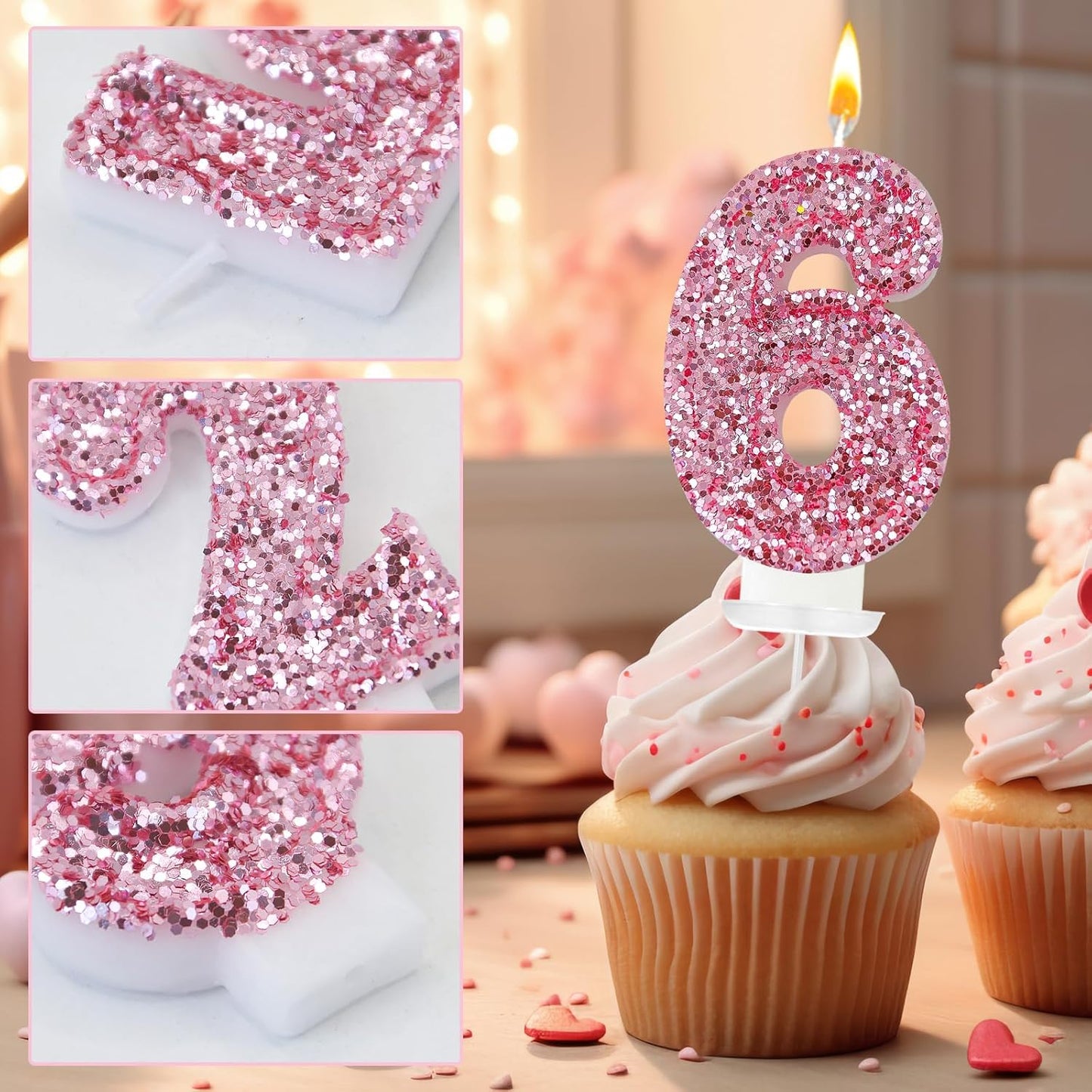 Birthday Number Candles, Glitter Number Candle Cake Decorations with Sequins, Cupcake Decorations for Girls, Women, Party Anniversary Celebrations (Number 6, Pink)
