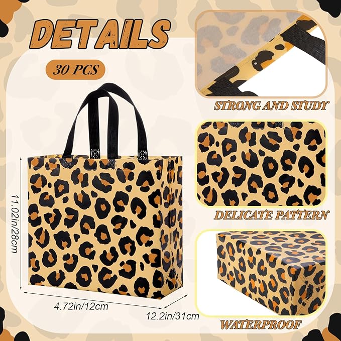 Abbylike 30 Pack Leopard Print Reusable Gift Bag Bulk Large Brown Animal Print Shopping Bag for Jungle Birthday Party Favor