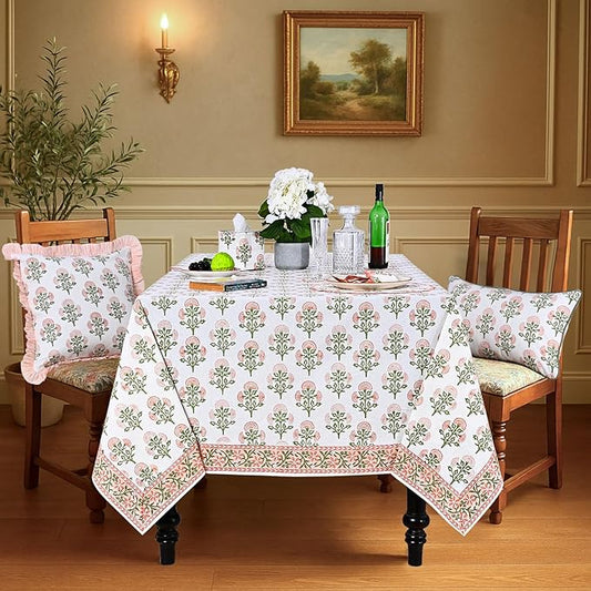 Ridhi Hand Block Print Mughal Buta Peach Rectangle Cotton Tablecloth 108" x 60" Reusable Table Cover Decorative Everyday Use for Dining, Farmhouse, Home Gift for Spring, Easter, Valentine