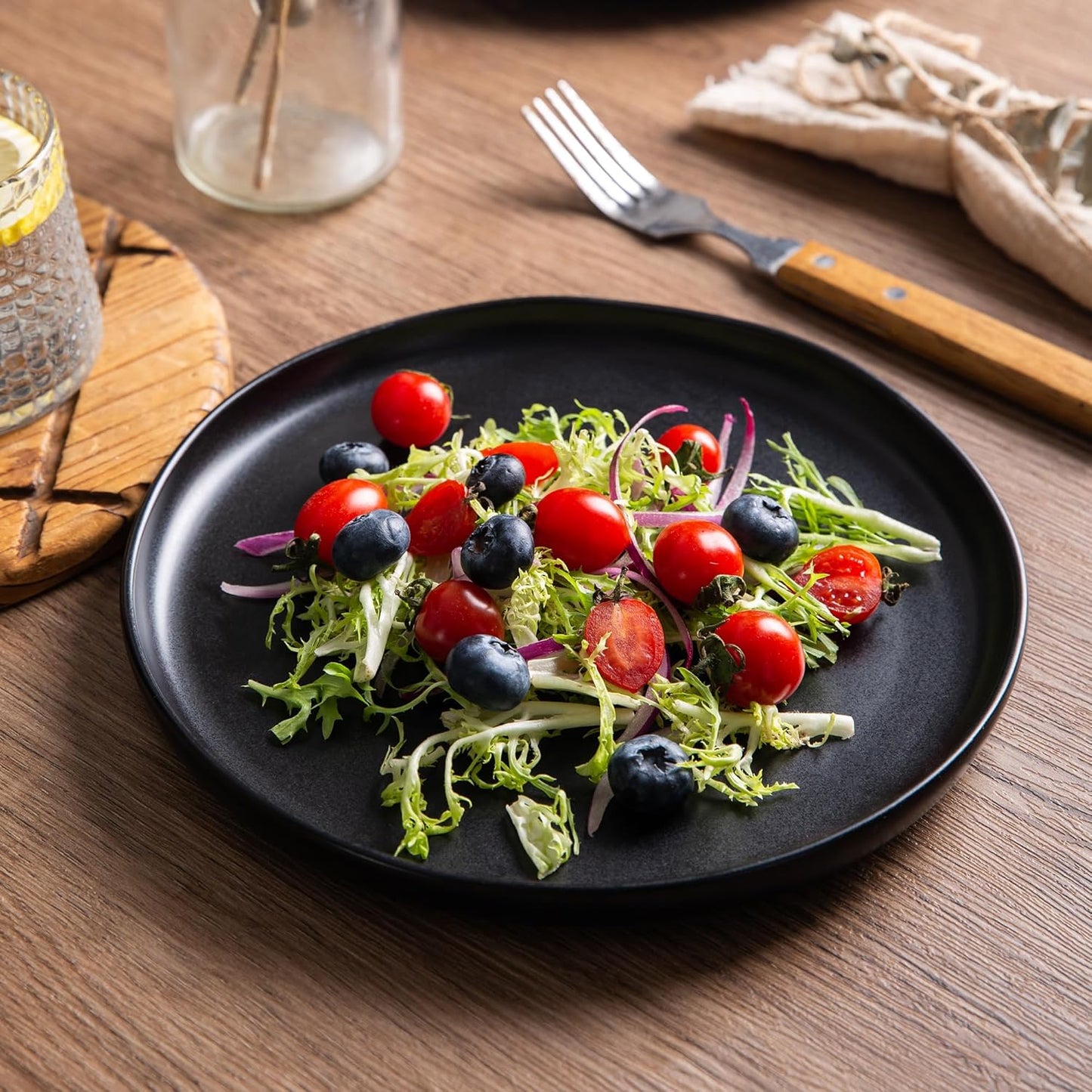 AmorArc Ceramic Dinner Salad Plates Set of 6, Wavy Rim 8.5 Inch Dish Set, The Dessert,Salad, Appetizer, Small Dinner etc Plate,Microwave, Dishwasher Safe, Scratch Resistant, Matte Black