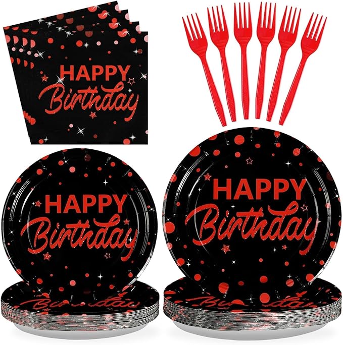 Grencian 96Pcs Red and Black Birthday Party Decorations Red Polka Dots on Black Paper Plates and Napkins Disposable Dessert Tableware for Men Women Stranger Birthday Party Decorations Serves 24