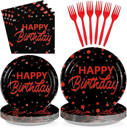 Grencian 96Pcs Red and Black Birthday Party Decorations Red Polka Dots on Black Paper Plates and Napkins Disposable Dessert Tableware for Men Women Stranger Birthday Party Decorations Serves 24