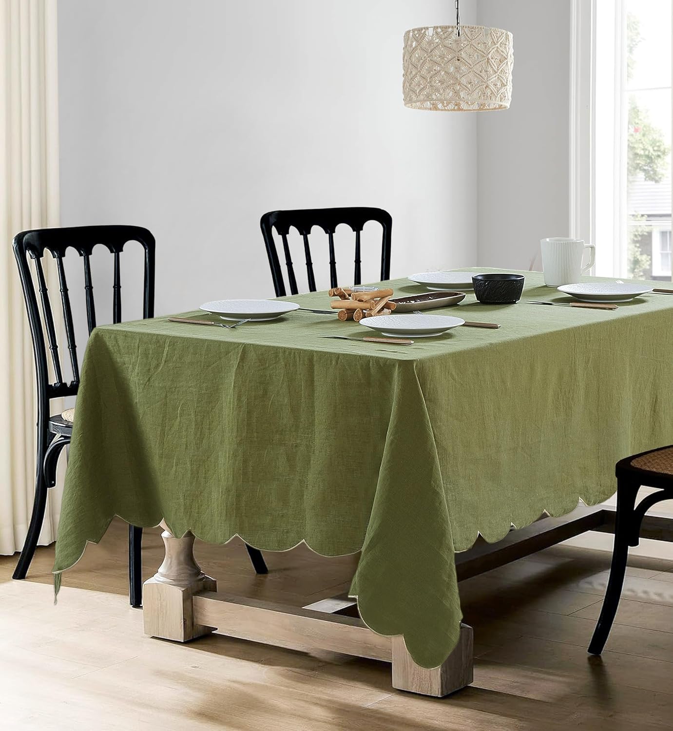 100% French Flax Linen Tablecloths Scalloped Embroidery Rectangle 84Lx60W Inch for Dinners, Parties, Spring, Easter, Machine Washable, 6-8 Sets, Olive Green(Edges-Gold)