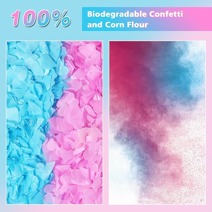 Gender Reveal Confetti Cannon, 2 Pack Pink and 2 Pack Blue, Biodegradable Confetti Paper with Cornstarch Powder, Confetti Blaster for Boy or Girl Gender Reveal, Party Poppers