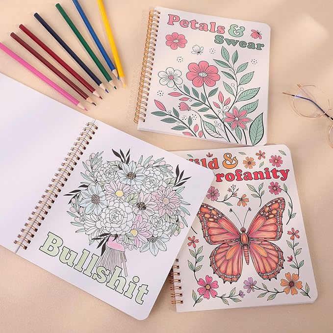 SKYDUE Aesthetic Adult Coloring Book Set of 2, Coloring Books for Adults Relaxation, Spiral Bound Funny Animal & Flower Designs for Stress Relief, Gift for Women and Men