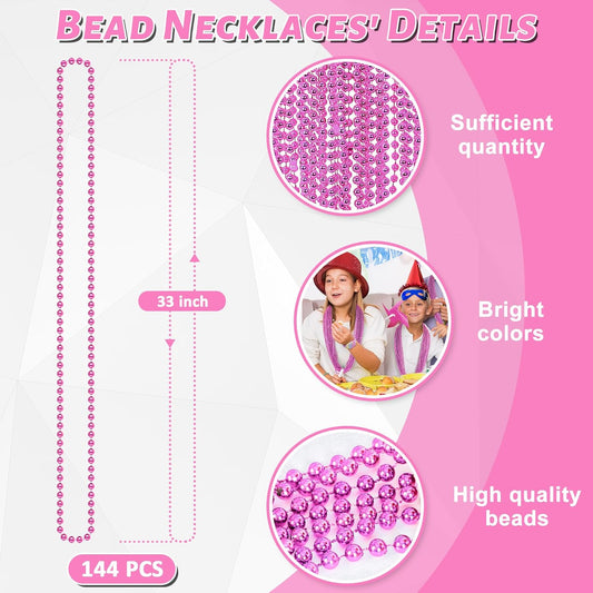 144PCS Bead Necklace, Metallic Pink Mardi Gras Rose Necklaces Bulk, 33" Mardi Gras Round Beaded Necklace Stuff, Festival Parade Throw Accessories Wedding Gender Reveal Party Supplies Decor