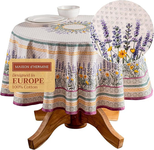 Maison d' Hermine Table Cloth Round Table 100% Cotton 69 Round Inches Tablecloth Reusable Decorative for Dining Room Farmhouse Home Valentines Day Decorations Spring Summer - Fanny Lavender