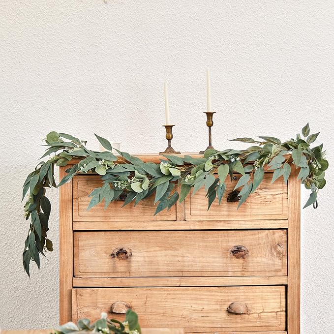 6FT Greenery Eucalyptus Garland, Spring Eucalyptus for Home Decor Wedding Garland for Table Centerpieces & Wedding Arch Floral Arrangements 6FT Real Touch Silk Stems