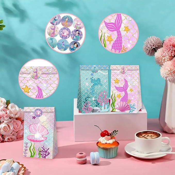 Mermaid Party Favor Bag Little Mermaid Birthday Decorations Jellyfish Seashell Gift Goodie Bags with Sticker for Girls Under the Sea Aquatic Nautical Party Summer Ocean Beach Party Supplies (12Pcs)