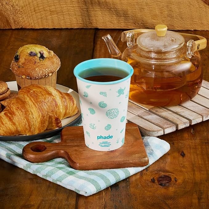 phade 16 oz Paper Hot Cups with Lids - 80 Count - Marine Biodegradable, Compostable & PFAS-Free - Made in USA Eco Coffee Cups, Sealife Blue,