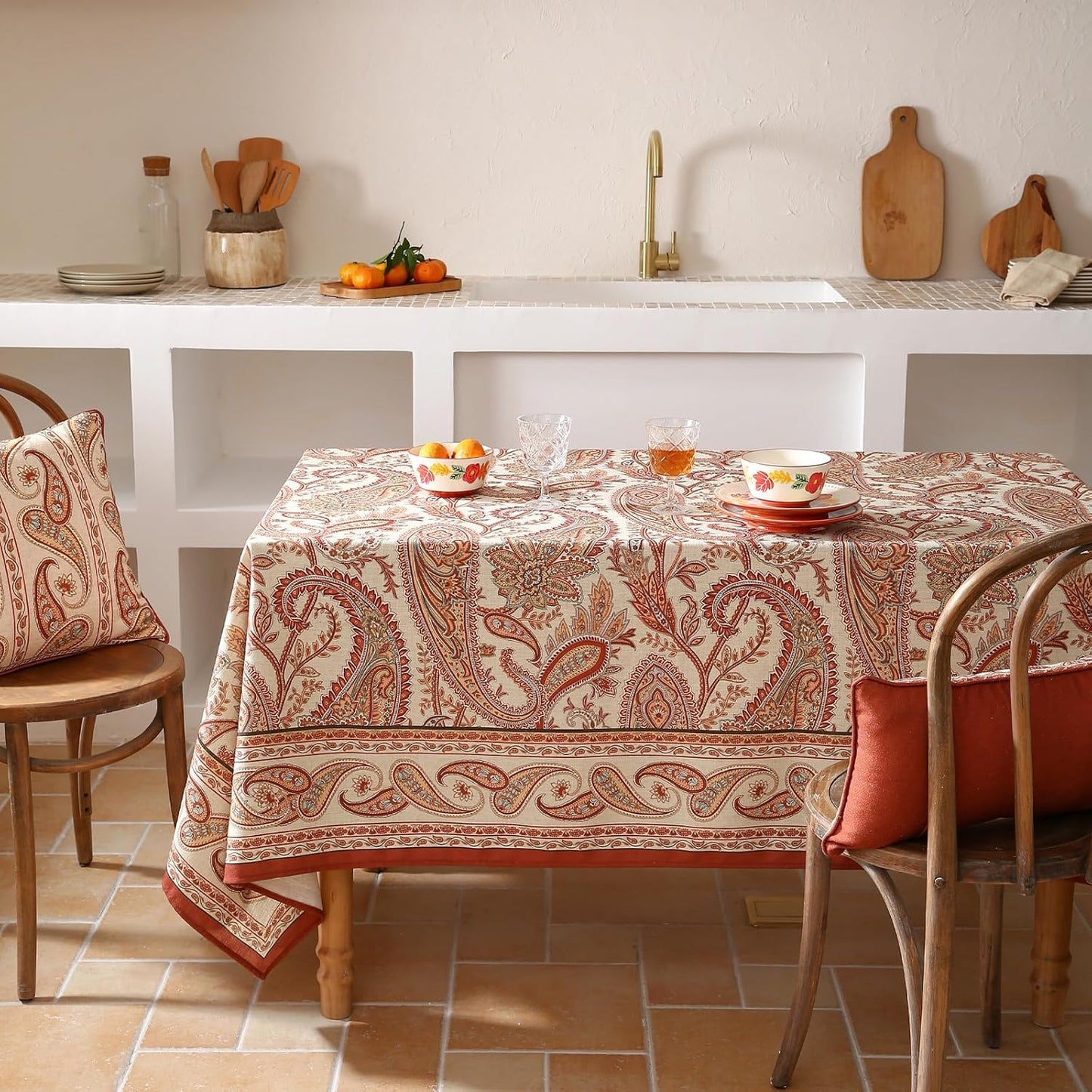ISAENNE Designer French Red Extra Long Tablecloth Rectangle,Linen Table Cloth with Cashew Pattern,Stain Proof Decor Tablecloths for Dining Thanksgiving Kitchen Christmas,63"*110"-Chauffrey D