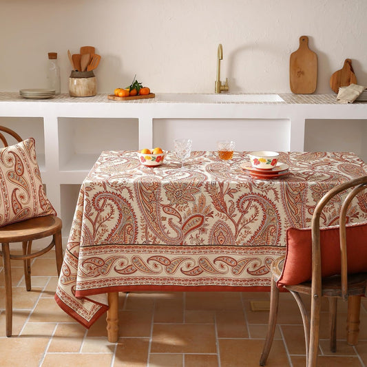 ISAENNE Designer French Red Long Tablecloth Rectangle,Linen Table Cloth with Cashew Pattern,Stain Proof Decor Tablecloths for Dining Thanksgiving Kitchen Christmas,63"*94"-Chauffrey D