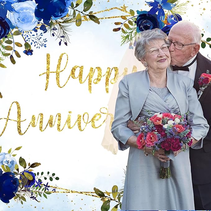 Homewelle Blue Rose Happy Anniversary Backdrop 7Wx5H Feet Polyester Fabric Floral Flower Navy Gold Cheers to Wedding Bridal Women Decoration Valentine's Day Photography Background Photo Shoot Props