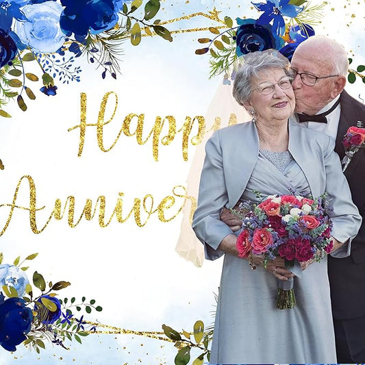 Homewelle Blue Rose Happy Anniversary Backdrop 7Wx5H Feet Polyester Fabric Floral Flower Navy Gold Cheers to Wedding Bridal Women Decoration Valentine's Day Photography Background Photo Shoot Props