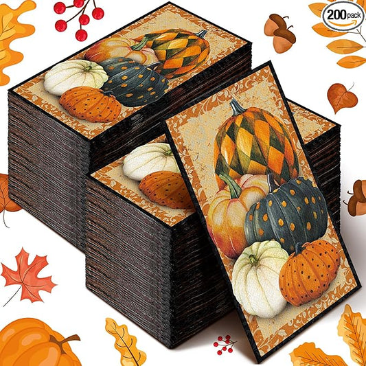 Karenhi 200 Pieces Pumpkin Disposable Hand Towels for Bathroom 2 Ply Paper Guest Towels Autumn Geometric Disposable Napkin Paper Hand Towels for Bathroom Decorative Napkins for Party Holiday Bathroom