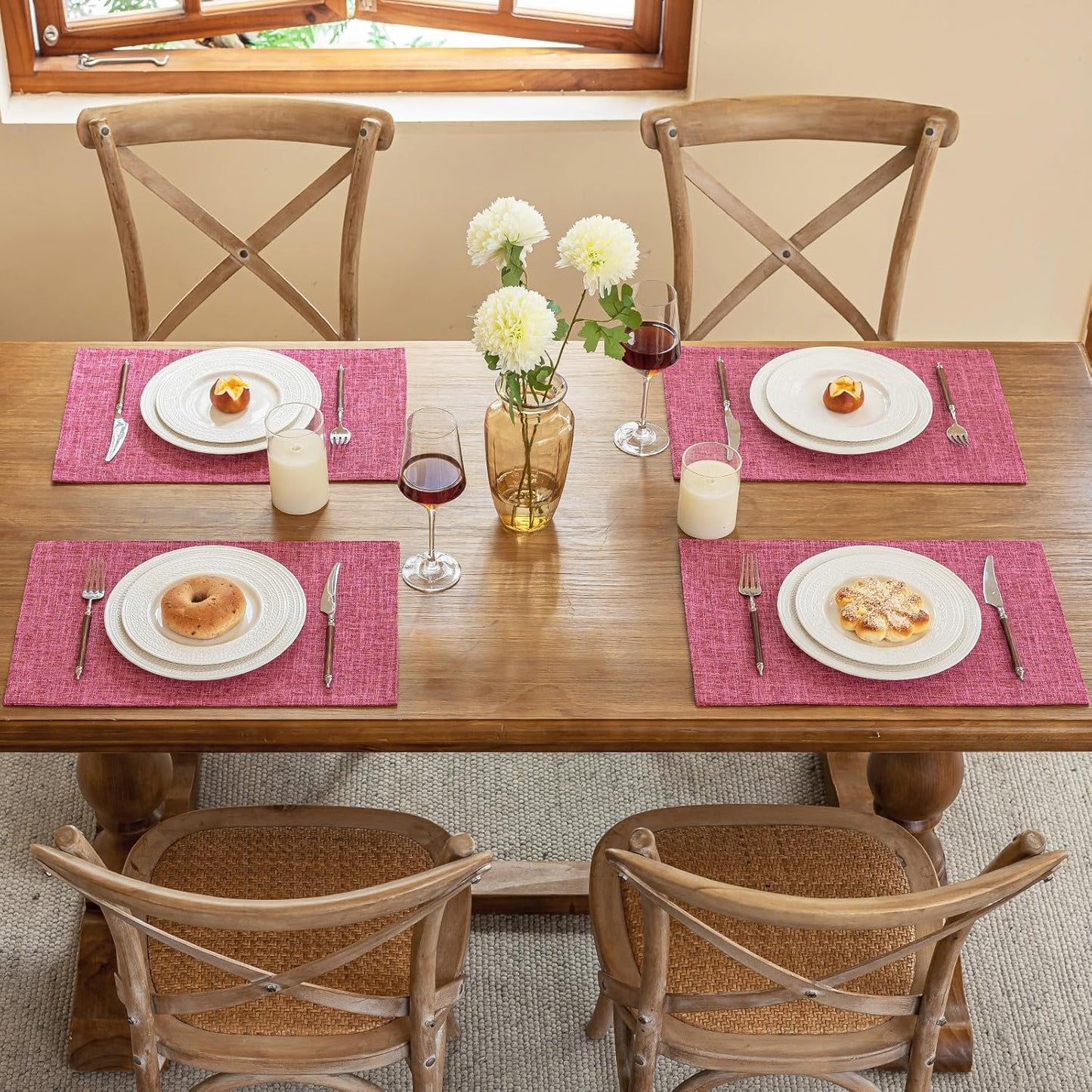 Blue Forest Placemats Set of 8, Dual-Layered Thickened Faux Linen Cloth Place Mats Heat Resistant Machine Washable Wrinkle Free Table Mats Indoor/Outdoor (Hot Pink)