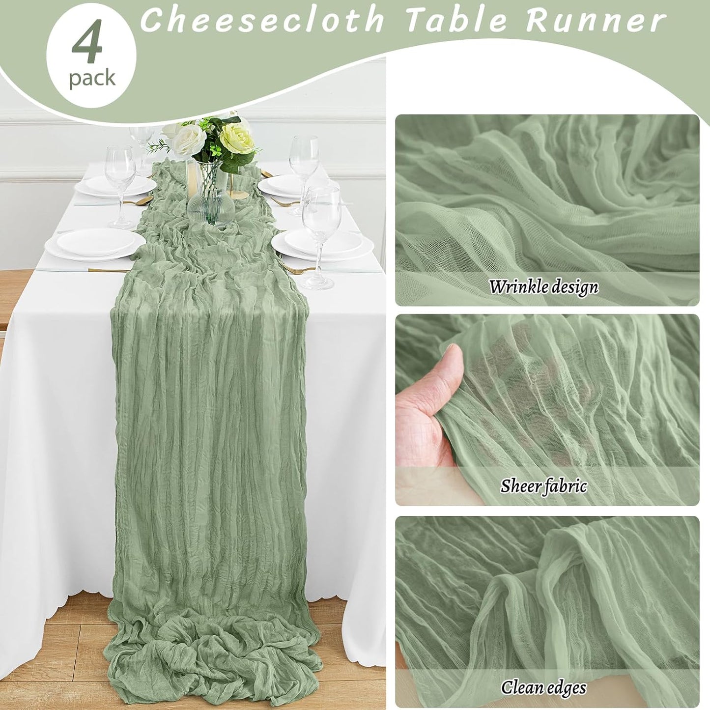 4Pack Sage Green Table Runner 10FT Cheesecloth Table Runner 35x120Inch Long Boho Gauze Cheese Cloth Table Runners Rustic Sheer Table Runners for Wedding Baby Shower Bridal Shower Decor