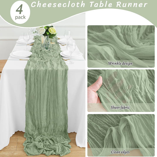 4Pack Sage Green Table Runner 10FT Cheesecloth Table Runner 35x120Inch Long Boho Gauze Cheese Cloth Table Runners Rustic Sheer Table Runners for Wedding Baby Shower Bridal Shower Decor