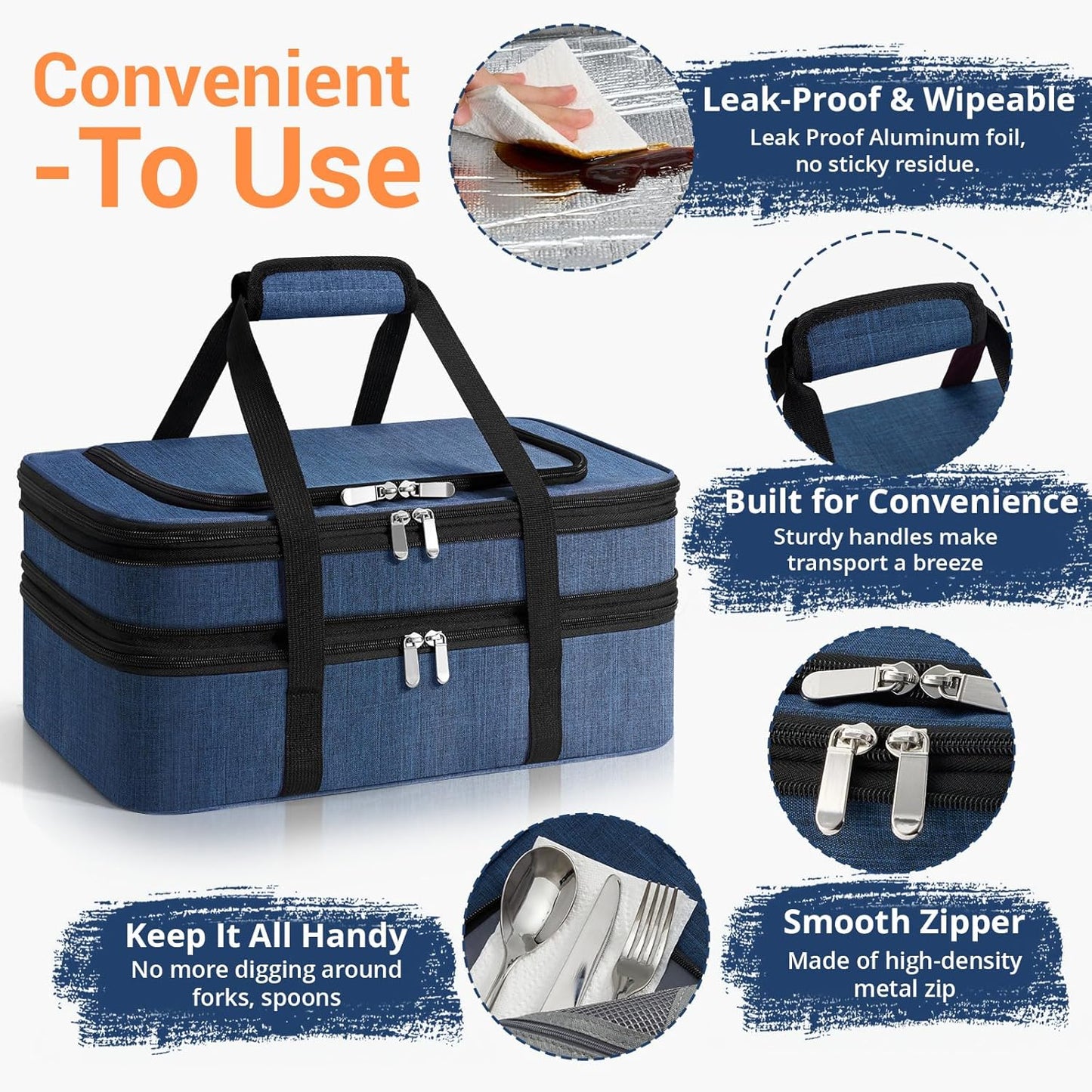 Insulated Double Casserole Carrier - Portable Casserole Carriers for Hot or Cold Food Lunch Tote Warmer or Cooler Bag for Potluck Parties Picnic Cookouts, Fits 9" x 13" Baking Dish - Navy Blue