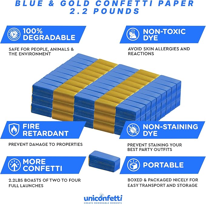 Blue & Gold Confetti Paper - BULK 2.2lbs | 1kg, Biodegradable Tissue Paper, Rainbow Light Weight, Non-Staining Paper, for Events, Crafts, Decorations