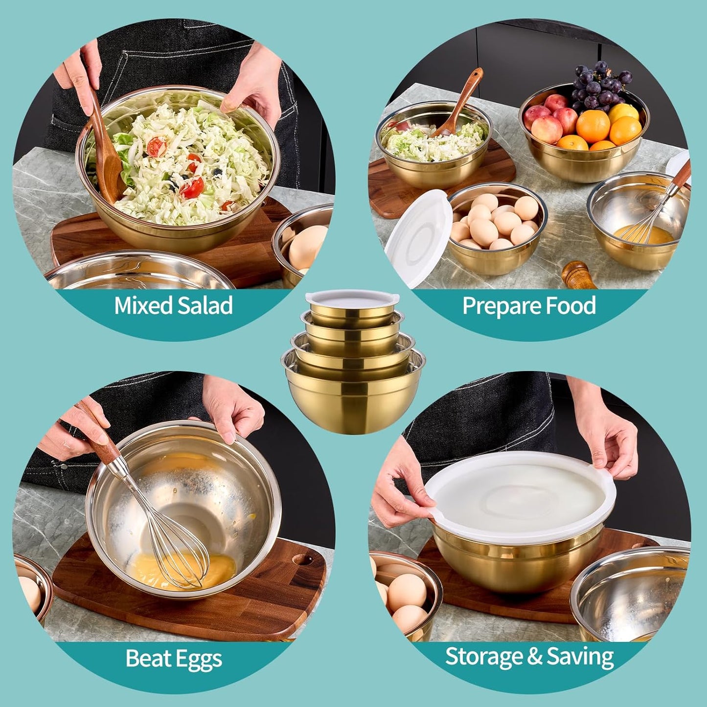 MEADLY Gold Mixing Salad Bowls With Lids Set of 4, Stainless Steel Nesting Bowl with white Lid,Dishwasher Safe,Home kitchen Mixing Prepping Storing Serving,size of 5.5,3.6,2.1,1.5,Qt