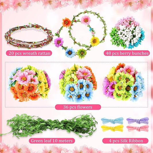 Syhood Daisy Crowns Making Kit for Woman 109 Pieces Parts, Make Your Own Flower Crown Wreath Headbands and Bracelets Craft Kit Hair Accessories Handmade DIY Floral Garland Presents for Adult
