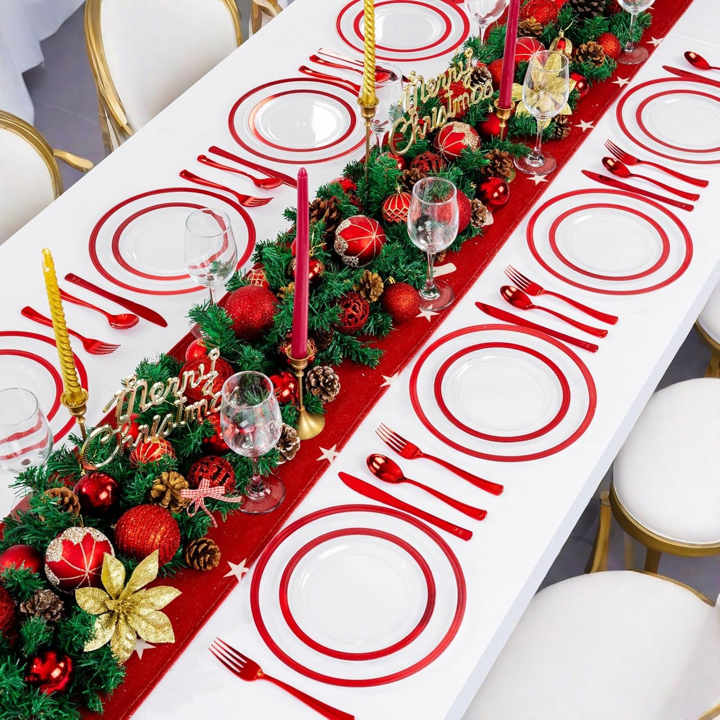 U-QE 120PCS Red Plastic Plates for Party - Christmas Plates Disposable Heavy Duty - Fancy Disposable Plates Include 60 10" Dinner and 60 7" Dessert Platos for Party & Wedding