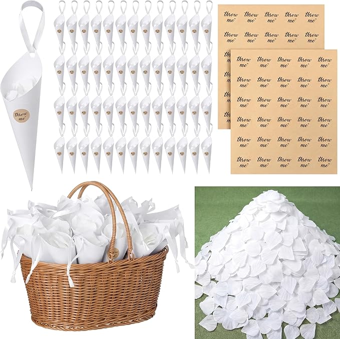 Biodegradable Wedding Confetti 5000 Paper Hydrangea Flower Petals with 60 Throw Me Stickers 60 Biodegradable Cones 1 Basket White Flower Petals for Wedding Ideas Romantic Night Decor