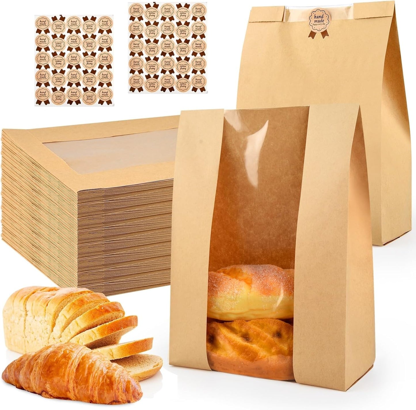 30 Pcs Bread Bags for Homemade, ROOKEA Sourdough Bread Bags with Window for Baked Paper Packaging with Sealing Stickers Bakery Cookie Food Snack Storage Large Kraft Paper 13.7x8.2x3.5 inch